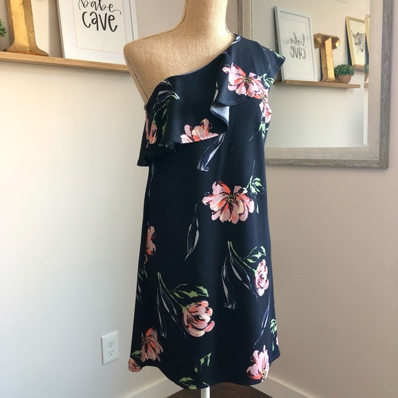 Navy One Shoulder Floral Dress - Picture 4 of 12